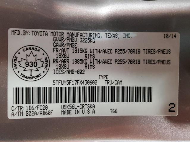 5TFUY5F17FX430602 - 2015 TOYOTA TUNDRA DOUBLE CAB SR/SR5 SILVER photo 12