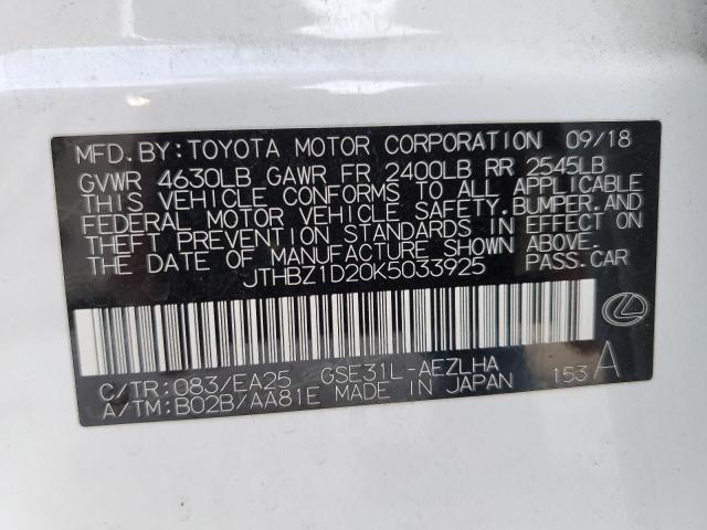 JTHBZ1D20K5033925 - 2019 LEXUS IS 350 WHITE photo 13