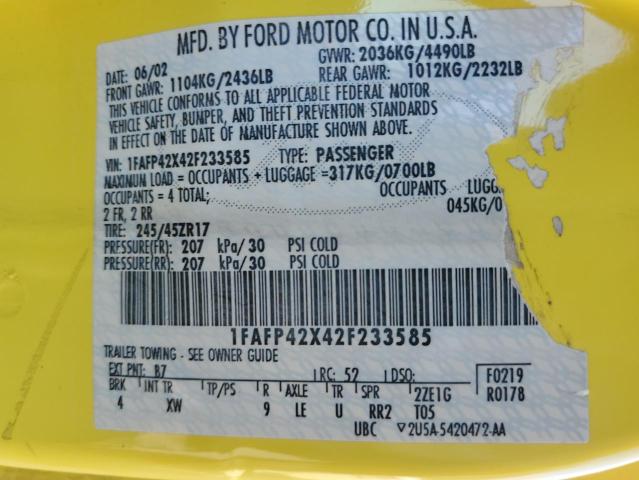 1FAFP42X42F233585 - 2002 FORD MUSTANG GT YELLOW photo 12