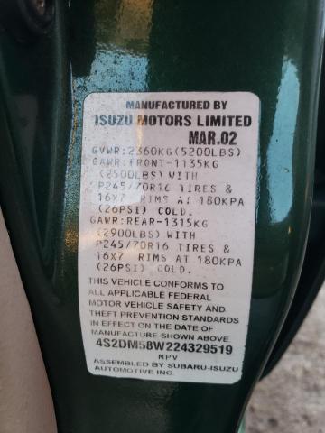 4S2DM58W224329519 - 2002 ISUZU RODEO S GREEN photo 12