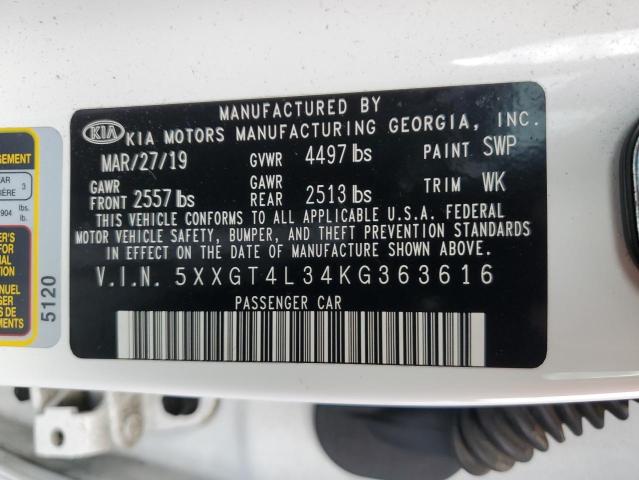 5XXGT4L34KG363616 - 2019 KIA OPTIMA LX WHITE photo 12