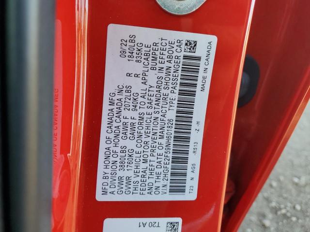 2HGFE2F59NH601826 - 2022 HONDA CIVIC SPORT RED photo 12