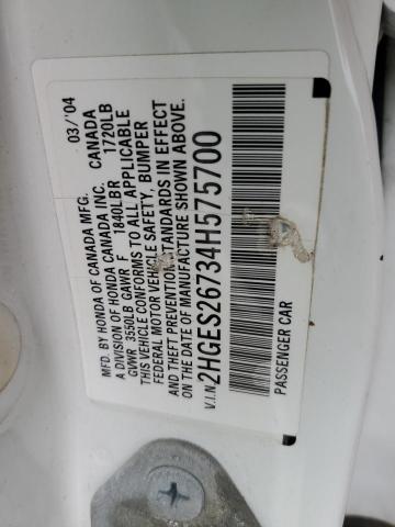 2HGES26734H575700 - 2004 HONDA CIVIC EX WHITE photo 12