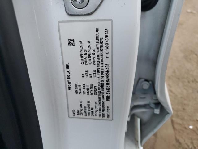 5YJ3E1EB7NF244462 - 2022 TESLA MODEL 3 Blanc photo 12
