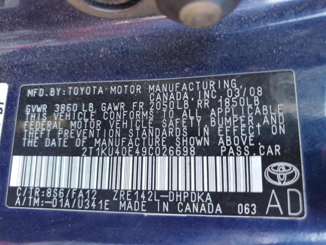 2T1KU40E49C026698 - 2009 TOYOTA COROLLA MA BLUE photo 12