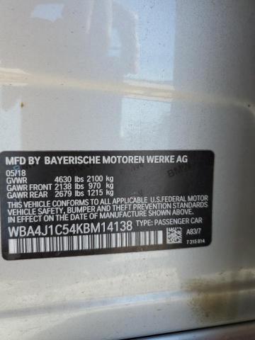 WBA4J1C54KBM14138 - 2019 BMW 430I GRAN COUPE SILVER photo 12