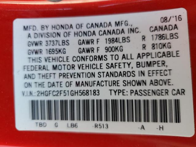 2HGFC2F51GH568183 - 2016 HONDA CIVIC LX RED photo 12