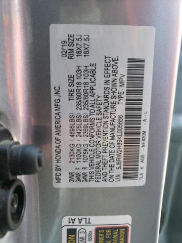 5J6RW2H89KL005656 - 2019 HONDA CRV EXL SILVER photo 12