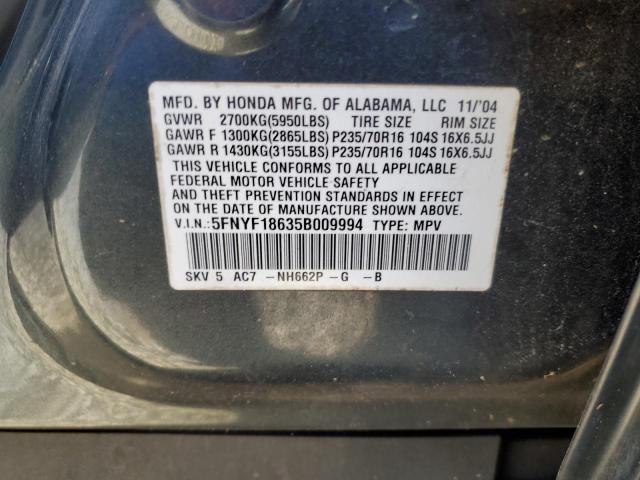 5FNYF18635B009994 - 2005 HONDA PILOT EXL CHARCOAL photo 12