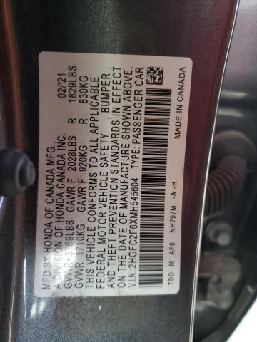 2HGFC2F6XMH545604 - 2021 HONDA CIVIC LX GRAY photo 12