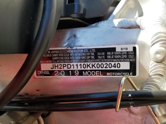 JH2PD1110KK002040 - 2019 HONDA CRF450 L RED photo 10