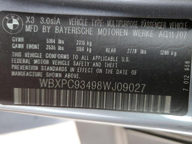 WBXPC93498WJ09027 - 2008 BMW X3 3.0SI SILVER photo 12