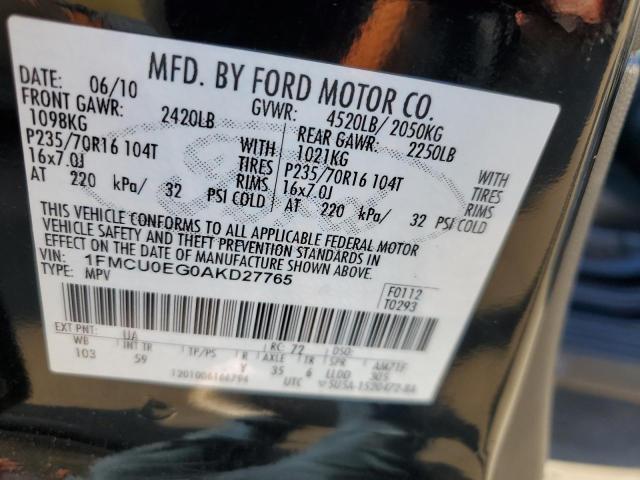 1FMCU0EG0AKD27765 - 2010 FORD ESCAPE LIMITED BLACK photo 12