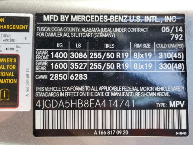 4JGDA5HB8EA414741 - 2014 MERCEDES-BENZ ML 350 4MATIC SILVER photo 13
