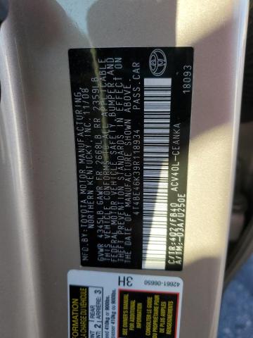 4T4BE46K39R118934 - 2009 TOYOTA CAMRY BASE BEIGE photo 12