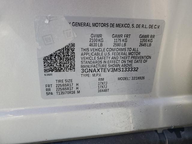 3GNAXTEV3MS133332 - 2021 CHEVROLET EQUINOX LT SILVER photo 12