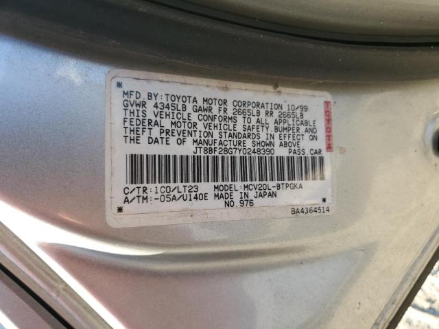 JT8BF28G7Y0248390 - 2000 LEXUS ES 300 SILVER photo 12