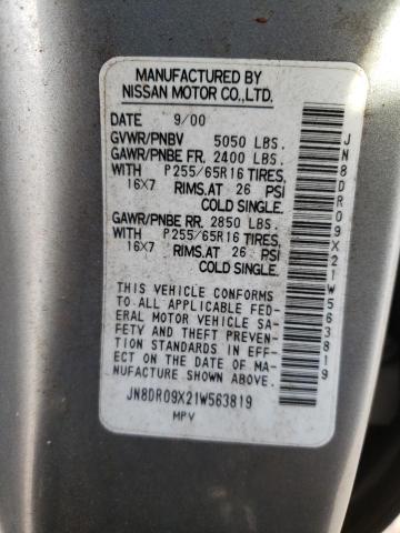 JN8DR09X21W563819 - 2001 NISSAN PATHFINDER LE SILVER photo 12