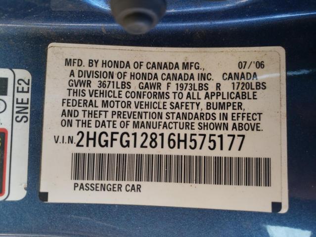 2HGFG12816H575177 - 2006 HONDA CIVIC EX BLUE photo 12