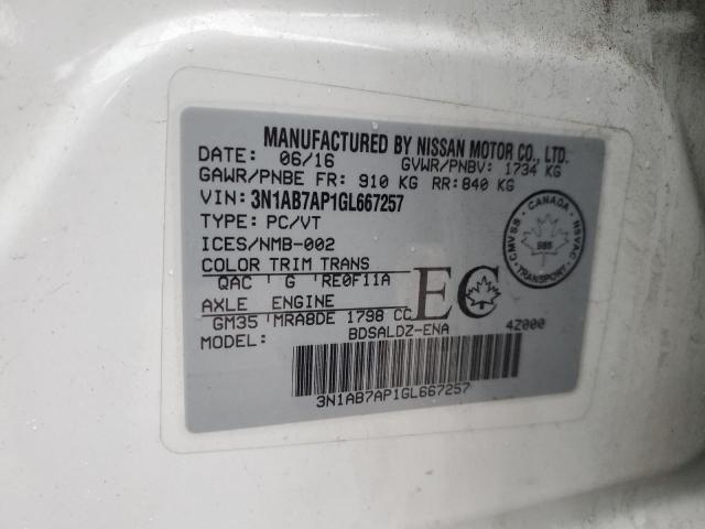 3N1AB7AP1GL667257 - 2016 NISSAN SENTRA S WHITE photo 13