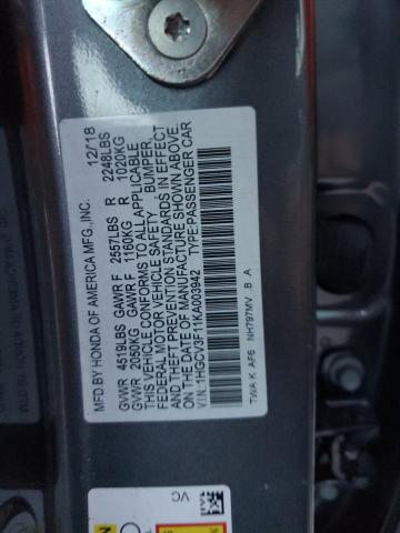 1HGCV3F11KA003942 - 2019 HONDA ACCORD HYBRID GRAY photo 13