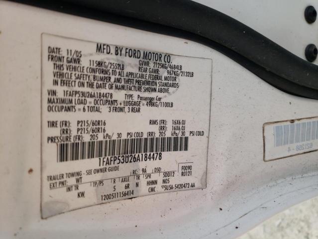 1FAFP53U26A184478 - 2006 FORD TAURUS SE WHITE photo 12