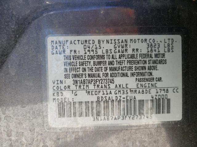 3N1AB7AP3FY273745 - 2015 NISSAN SENTRA S GRAY photo 12