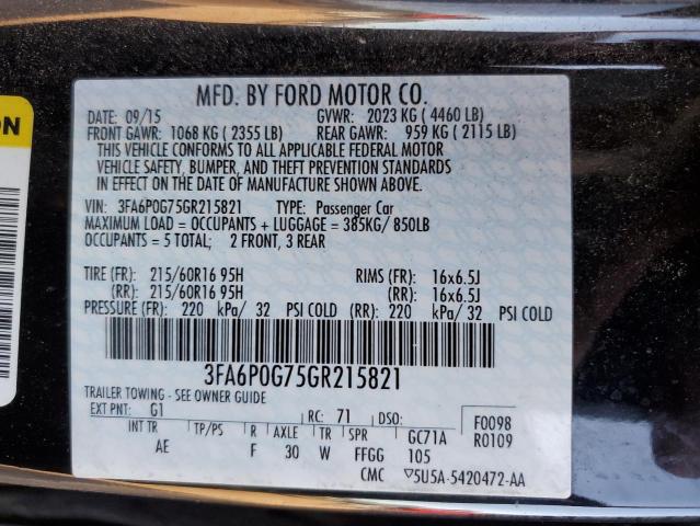 3FA6P0G75GR215821 - 2016 FORD FUSION S BLACK photo 12