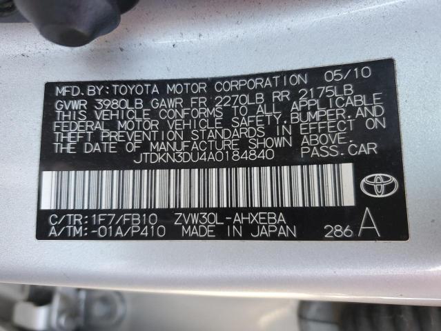 JTDKN3DU4A0184840 - 2010 TOYOTA PRIUS SILVER photo 12