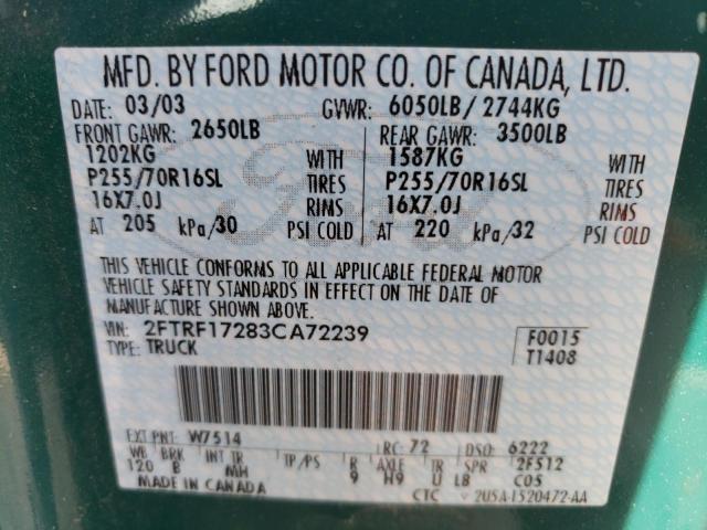 2FTRF17283CA72239 - 2003 FORD F150 GREEN photo 12