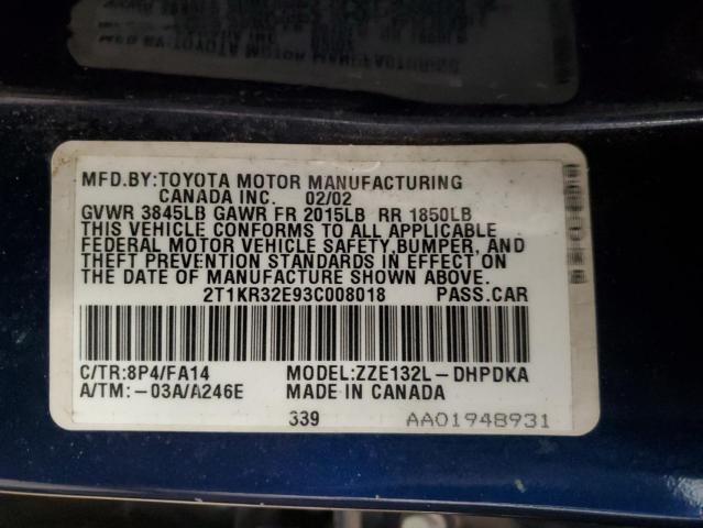 2T1KR32E93C008018 - 2003 TOYOTA COROLLA MA XR BLUE photo 12