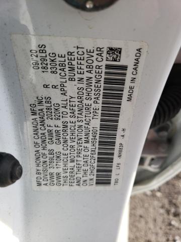 2HGFC2F6XLH594901 - 2020 HONDA CIVIC LX WHITE photo 12