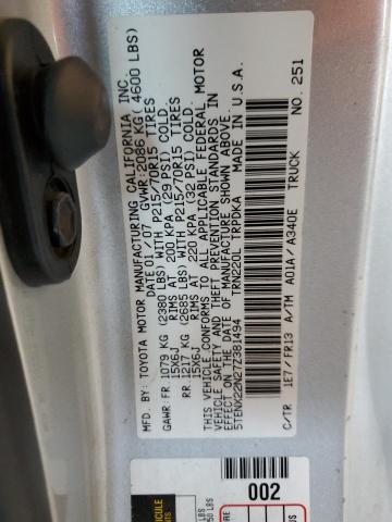 5TENX22N27Z381494 - 2007 TOYOTA TACOMA SILVER photo 12