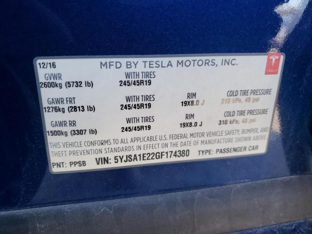 5YJSA1E22GF174380 - 2016 TESLA MODEL S ლურჯი ფოტო 13