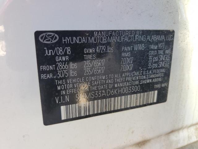 5NMS33AD6KH003300 - 2019 HYUNDAI SANTA FE SEL WHITE photo 12