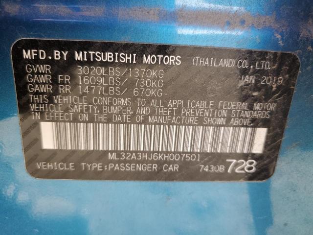 ML32A3HJ6KH007501 - 2019 MITSUBISHI MIRAGE ES BLUE photo 12