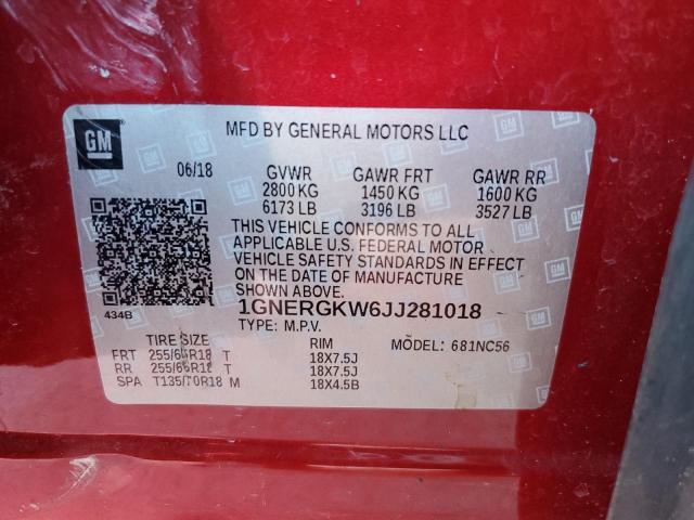 1GNERGKW6JJ281018 - 2018 CHEVROLET TRAVERSE LT Қызыл фото 13