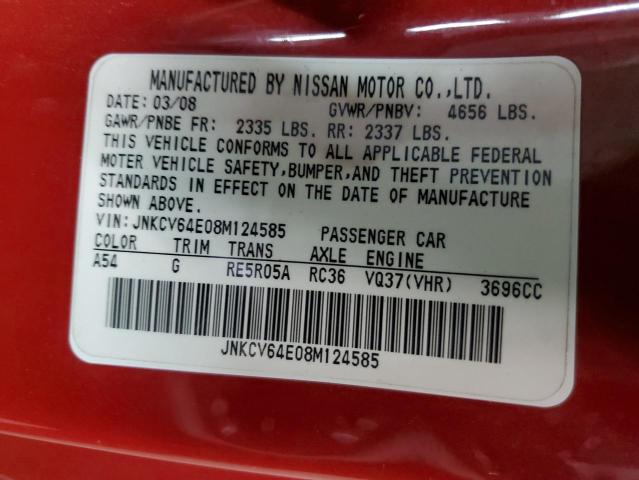 JNKCV64E08M124585 - 2008 INFINITI G37 BASE RED photo 13