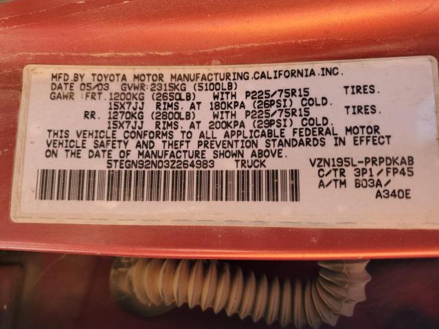 5TEGN92N03Z264983 - 2003 TOYOTA TACOMA DOUBLE CAB PRERUNNER RED photo 12