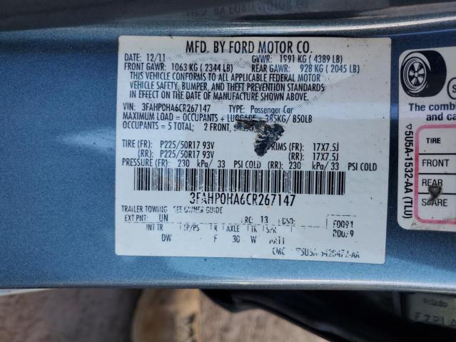 3FAHP0HA6CR267147 - 2012 FORD FUSION SE BLUE photo 13