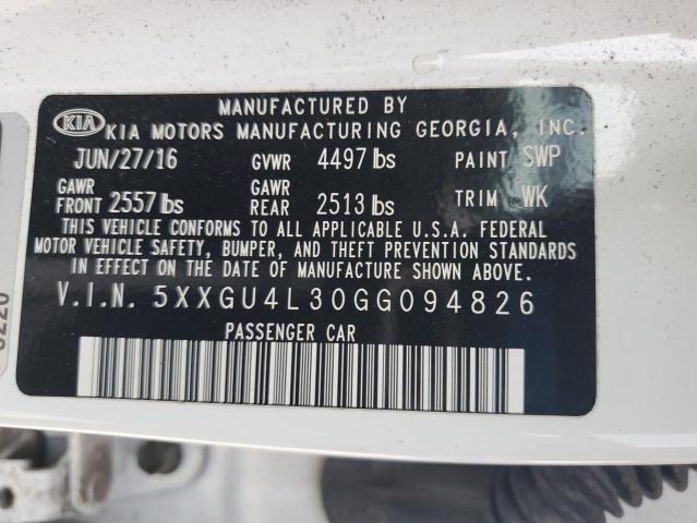 5XXGU4L30GG094826 - 2016 KIA OPTIMA EX WHITE photo 12