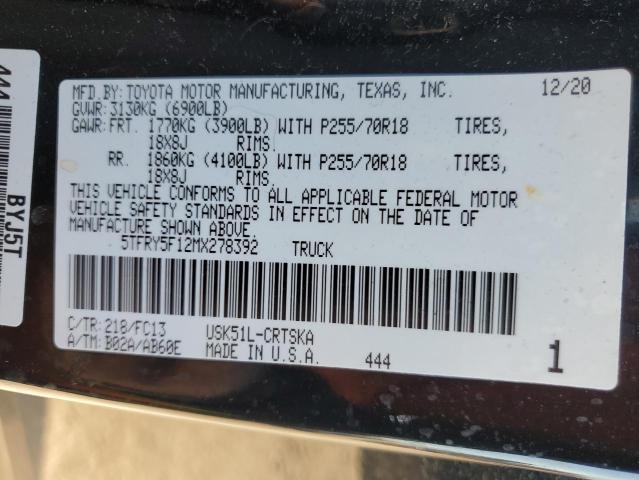 5TFRY5F12MX278392 - 2021 TOYOTA TUNDRA DOUBLE CAB SR/SR5 BLACK photo 12