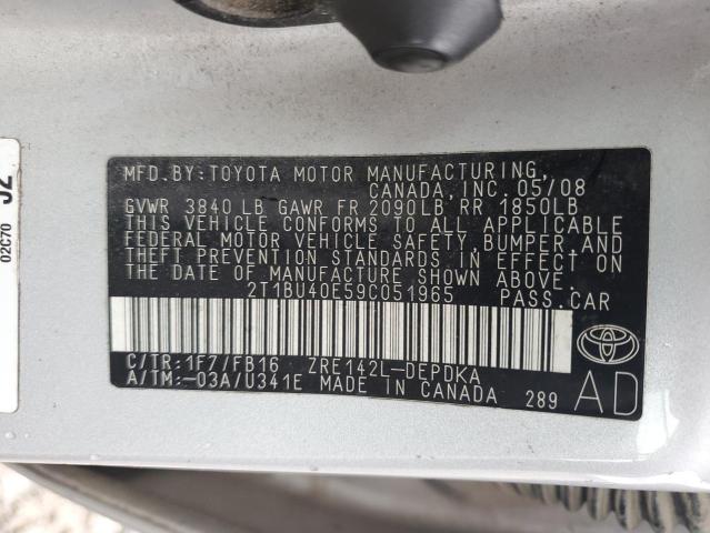 2T1BU40E59C051965 - 2009 TOYOTA COROLLA BASE SILVER photo 12