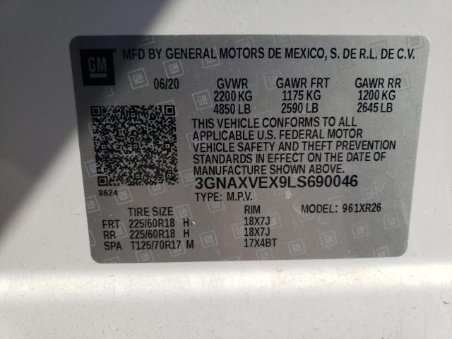 3GNAXVEX9LS690046 - 2020 CHEVROLET EQUINOX LT WHITE photo 13