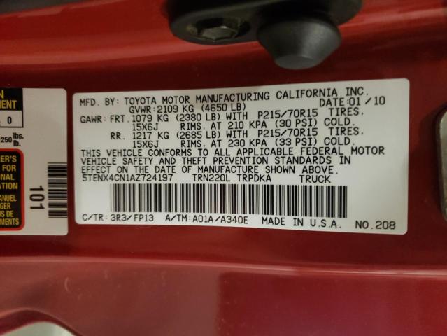 5TENX4CN1AZ724197 - 2010 TOYOTA TACOMA RED photo 12