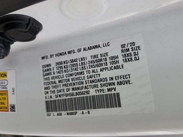 5FNYF6H56LB056292 - 2020 HONDA PILOT EXL WHITE photo 12