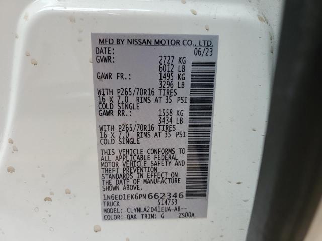 1N6ED1EK6PN662346 - 2023 NISSAN FRONTIER S WHITE photo 12