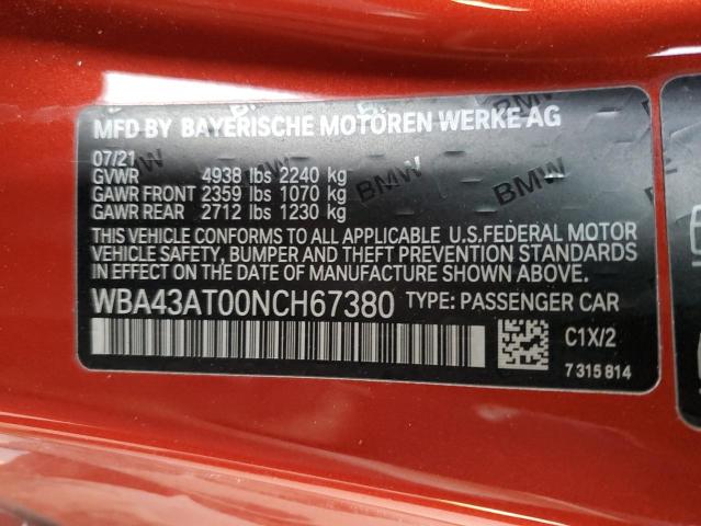 WBA43AT00NCH67380 - 2022 BMW 430XI ORANGE photo 13