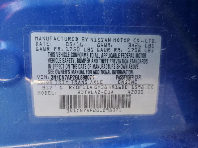 3N1CN7AP2GL898071 - 2016 NISSAN VERSA S BLUE photo 12