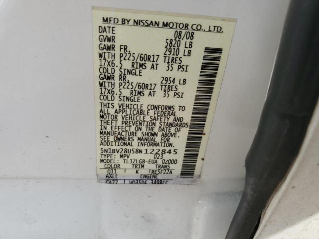 5N1BV28U58N122845 - 2008 NISSAN QUEST S WHITE photo 13